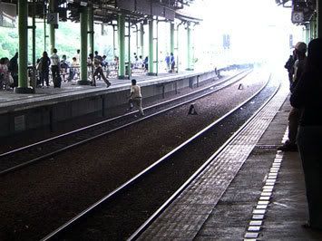 Menyeberangi rel kereta api di stasiun gambir Jakarta 