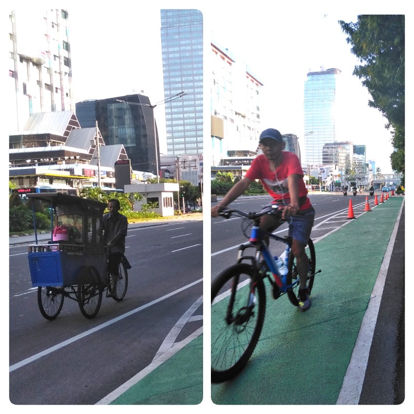 Gerobak lewat lajur mobil, sepeda ikut aturan dan fasilitas, di Jalan Thamrin, Jakarta 