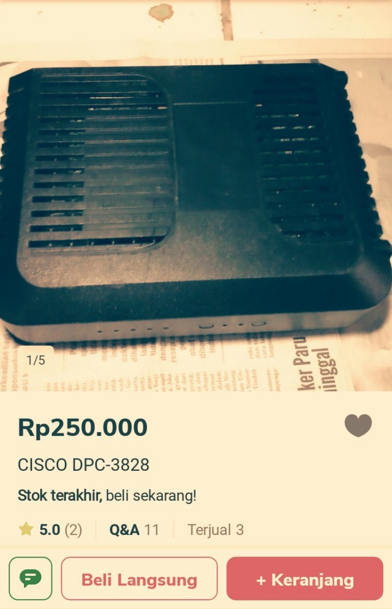 Modem router Cisco DPC 3828 First Media disewakan Rp60.000 per bulan 