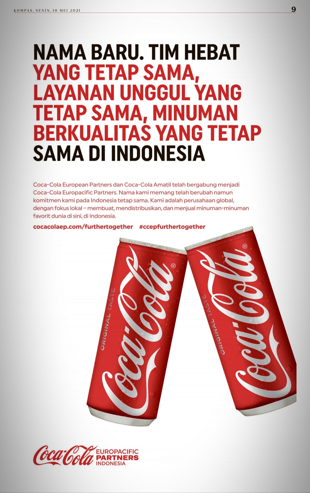 Iklan perubahan nama perusahaan pembotolan Coca Cola 