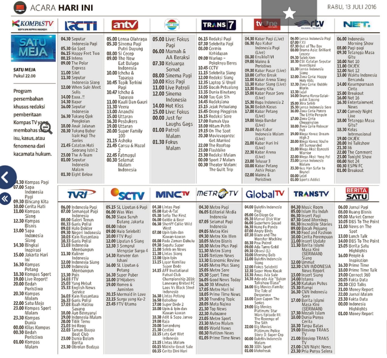 Pada 2016 jadwal acara TV di Kompas untuk 15 stasiun 