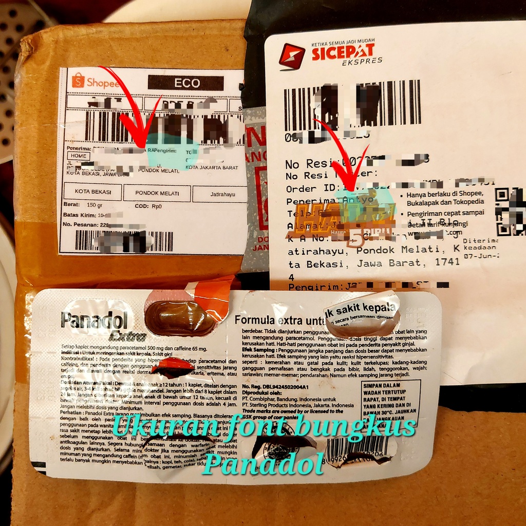 Teks kecil pada alamat paket