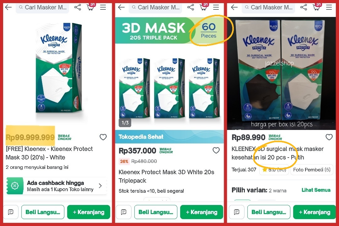 Masker Kleenex is 20 lembar = Rp100 juta