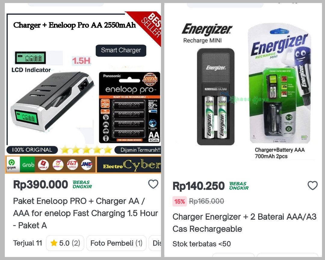 Baterai isi ulang Eneloop dan Energizer 