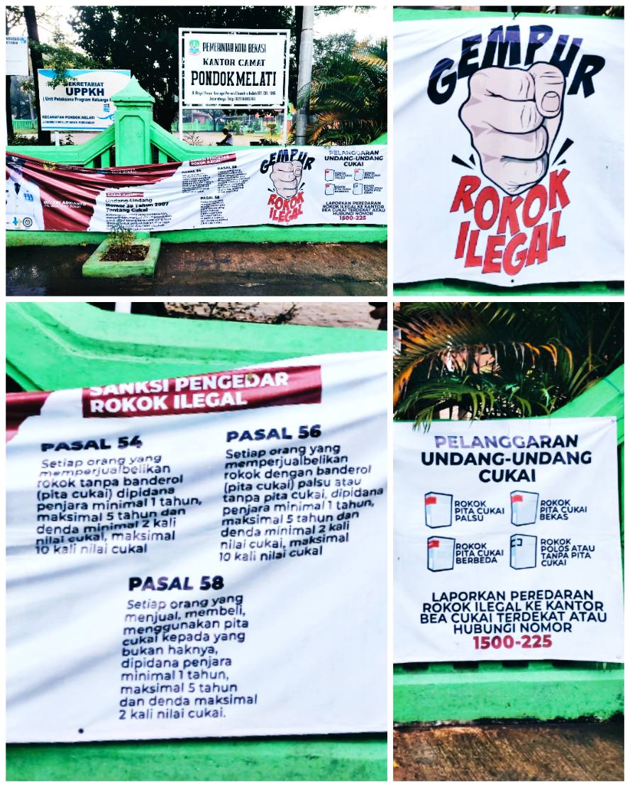 Spanduk kampanye antirokok ilegal di kantor Kecamatan Pondokmelati, Bekasi, Jabar 